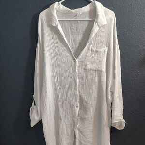 Tahiti White Gauze Cotton Button-Up Shirt/ Beach Coverup